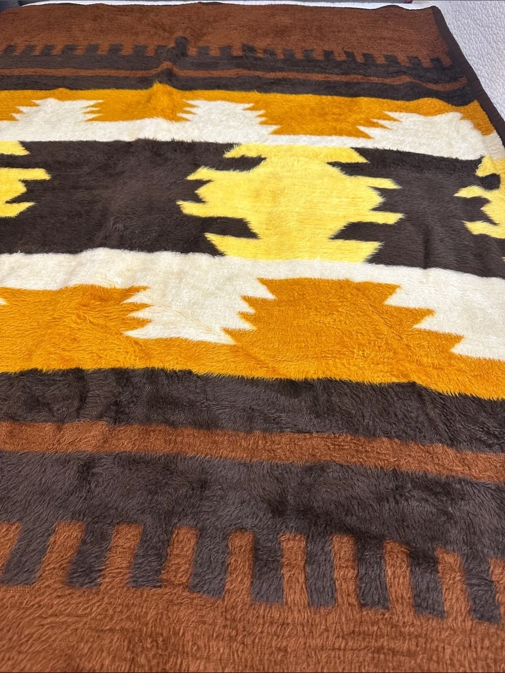 Vintage Biederlack Blanket Southwest  71” x 56”  mod Yellow Orange MCM 1970’s